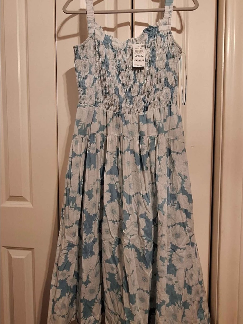Floral Smocked Midi Dress - Blue & White